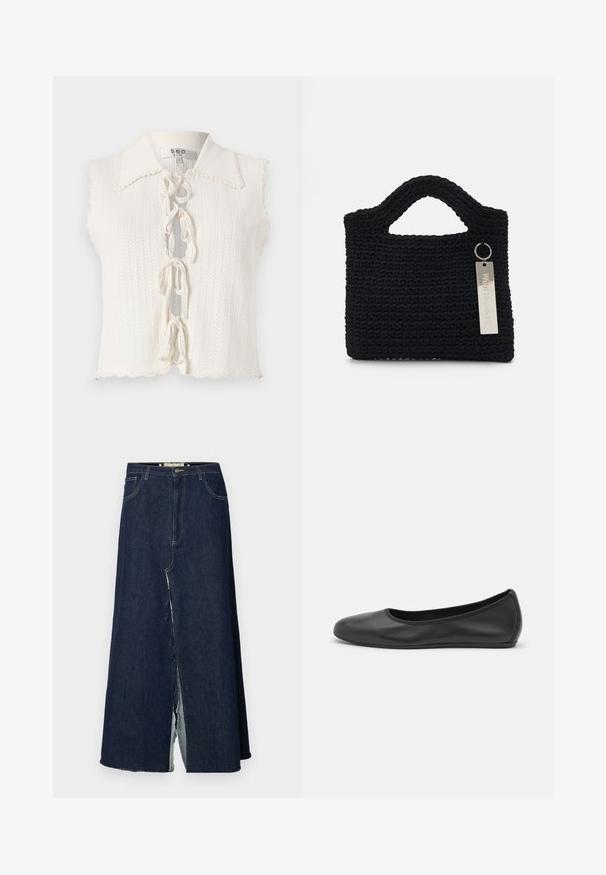 White sleeveless top with a scalloped collar, textured knit pattern, front tie closure with bows, and a cropped hem.; Black blouse with a round collar, featuring sheer lace panels, ruffle accents, and textured patterns. Long sleeves with elastic cuffs.; Dark blue denim long skirt with a front slit. Features traditional five-pocket design and visible stitching accents. Hem is frayed.; Black leather ballet flat with a rounded toe, smooth texture, minimal stitching detail, and a flexible sole design.; Won Hundred MARSIELLE COMPUTER BAG UNISEX - Laptop bag - black