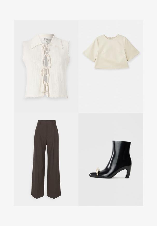 Fehér ujj nélküli felső, fodros gallérral, texturált kötésmintával, elöl megkötő zsinórral, masnis részlettel és cropped lebennyel.; Krém színű, rövid fazonú felső sima anyagból készült, rövid ujjal, kerek nyakkivágással és diszkrét varrás részletekkel.; Sötétbarna, bő szárú nadrág magas derékkal, tisztán vasalt redőkkel, sima textúrával és testhez simuló fazonnal.; Fekete bokacsizma fényes bőrből, hegyes orral és díszes arany- és ezüstszínű részlettel az elején. Tömör sarok kialakítás.