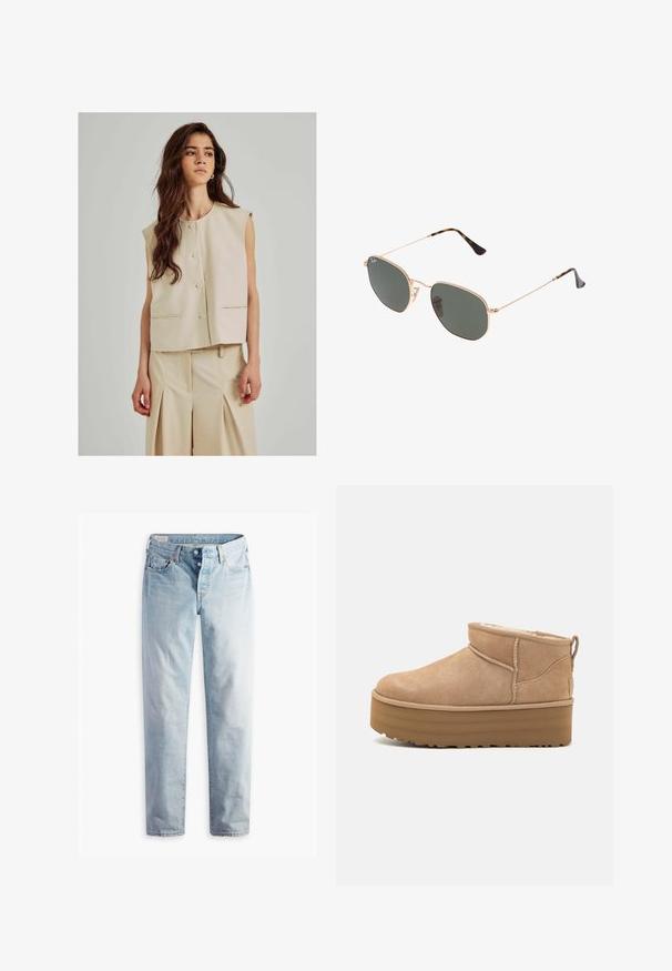 Chaleco sin mangas beige con escote redondo, cierre de botones en la parte frontal y bolsillos laterales; combinado con pantalones de cintura alta plisados en beige claro a juego.; Suéter gris con un cuello redondo, mangas largas y puños de canalé. La tela parece suave con una textura ligera y un ajuste ligeramente holgado.; Vaqueros de mezclilla azul claro con corte recto, dos bolsillos frontales y dos bolsillos traseros. Incluye cierre de dos botones y costuras sutiles.; Botas de tobillo de ante beige con un interior suave, que cuentan con una suela tipo plataforma y una lengüeta en la parte posterior para ponérselas fácilmente. Suela de goma texturizada.; Gafas de sol de metal dorado con lentes verde oscuro, estilo aviador, con patillas delgadas y acentos de carey en los extremos.; Bolso de hombro de ante marrón con forma curva, costuras en contraste, detalles en hardware dorado y un bolsillo delantero con cremallera.