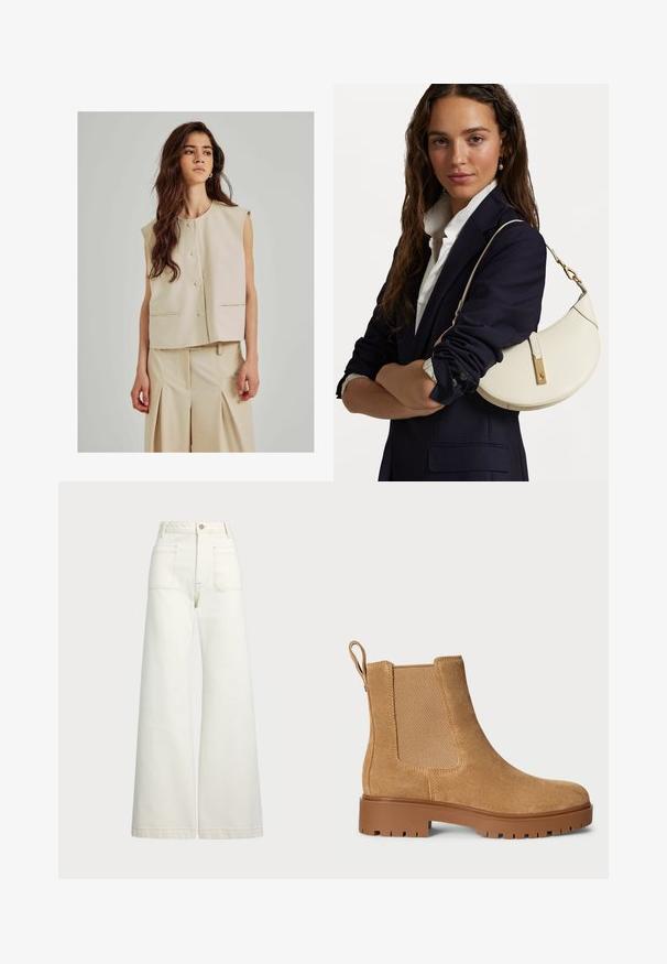 Beige ärmellose Weste mit Rundhalsausschnitt, vorderem Knopfverschluss und seitlichen Taschen; kombiniert mit passenden, hellbeigen, gefalteten Hosen.; Kurzärmliges, gestreiftes Oberteil in Creme und Marineblau, mit rundem Halsausschnitt und kastiger Form aus strukturiertem Stoff.; Weite Jeans aus off-white Denim. Hoch tailliertes Design mit Knopfverschluss, zwei Fronttaschen und kontrastierenden Stickdetails.; Beige Wildleder Chelsea-Stiefel mit elastischen seitlichen Einsätzen, einer dicken braunen Gummisohle und einer Schlaufe an der Rückseite.; Weißes Lederhandtasche mit geschwungener Form, goldenen Beschlägen und strukturiertem Finish, getragen über einem dunklen Blazer und einem weißen Hemd.