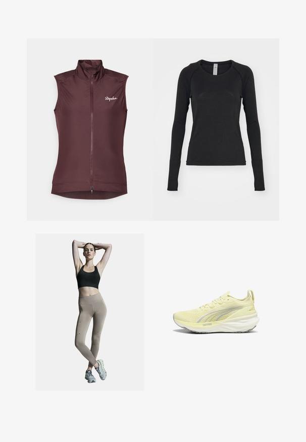 Bezrękawnik rowerowy w głębokim burgundzie. Wykonany z lekkiego materiału, z wysokim kołnierzem, pełnym zamkiem z przodu oraz subtelnym logo na piersi.; Czarna koszula z długim rękawem, wykonana z miękkiego materiału. Posiada okrągły dekolt oraz rękawy raglanowe z otworami na kciuki przy mankietach. Minimalistyczny design.; Czarny stanik sportowy i beżowe legginsy high-waisted, z bocznymi szwami i akcentami. Model nosi jasnoszare buty sportowe z amortyzowaną podeszwą.; Jasnożółty but sportowy z teksturowaną cholewką, szarymi akcentami i amortyzującą podeszwą. Posiada system sznurowania oraz uchwyt na pięcie.