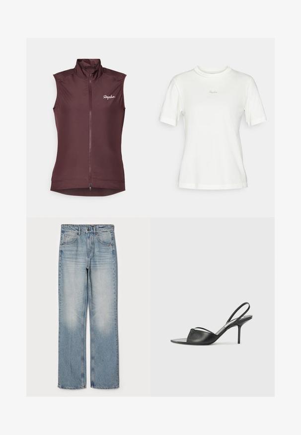 Sleeveless cycling vest in deep burgundy. Made from lightweight fabric with a high collar, full front zip, and subtle logo on the chest.; White short-sleeve t-shirt made from soft cotton, featuring a round neckline and subtle embroidered "Rapha" logo on the chest.; Light blue denim jeans with a straight fit, featuring a high waist, five-pocket design, and subtle fading on the thighs and knees.; Black leather slingback heels with a pointed toe, thin ankle strap, and stiletto heel. Features a knotted detail on the vamp.