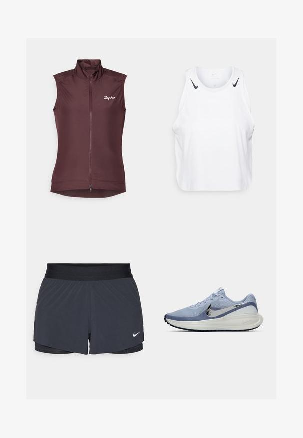 Bez piedurknēm velosipēdu veste dziļā burgundijas krāsā. Izvēlēta no viegla auduma ar augstu apkakli, pilnu priekšējo rāvējslēdzēju un diskretu logotipu uz krūtīm.; Balta bezpiedurkņu topa tērps, izgatavots no viegla auduma, ar melnām Nike logo akcentiem uz pleciem, apaļu kakla izgriezumu un brīvu piegriezumu.; Melnas sporta šortus ar elastīgu jostu, ar slāņotu dizainu un mazu balto Nike logo apakšējā kreisajā stūrī. Viegls materiāls.; Gaiši zila un balta Nike skrienošā apavi ar sudraba Swoosh logotipu, elpojošs sietiņaudums augšdaļā, mīksta zole un melna ārējā zole.