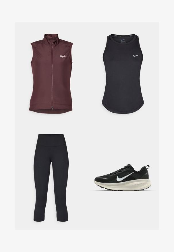Gilet de cyclisme sans manches en bordeaux profond. Fabriqué en tissu léger avec un col haut, une fermeture éclair sur toute la longueur à l'avant et un logo discret sur la poitrine.; Débardeur de sport noir en matériau anti-humidité. Il présente un col rond, une coupe slim et un logo Nike blanc sur la poitrine.; Leggings noirs coupés en tissu extensible, avec une taille haute et une texture lisse, sans motifs ni éléments visibles.; Baskets de course noir Nike avec tige respirante en mesh, logo swoosh blanc, détails texturés et semelle intermédiaire ZoomX de couleur crème.
