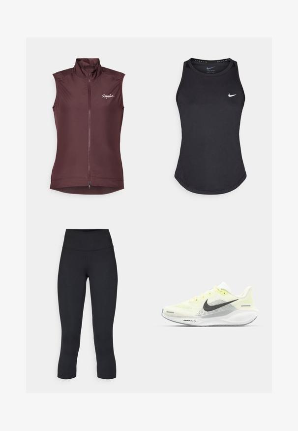 Bezrękawnik rowerowy w głębokim burgundzie. Wykonany z lekkiego materiału, z wysokim kołnierzem, pełnym zamkiem z przodu oraz subtelnym logo na piersi.; Czarny sportowy top bez rękawów wykonany z materiału odprowadzającego wilgoć. Posiada okrągły dekolt, dopasowany krój oraz białe logo Nike na piersi.; Czarne, krótkie legginsy wykonane z elastycznego materiału, z wysokim stanem i gładką strukturą, bez widocznych wzorów czy elementów metalowych.; Biegi Nike z lekką żółtą i białą siateczką cholewy, szarymi akcentami i elastyczną gumową podeszwą. Posiada klasyczne sznurowanie.