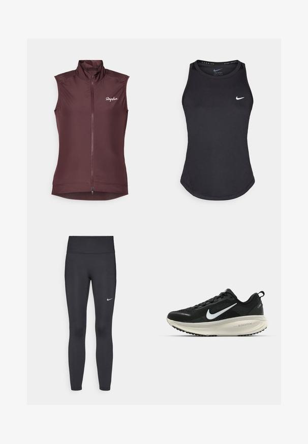 Sleeveless cycling vest in deep burgundy. Made from lightweight fabric with a high collar, full front zip, and subtle logo on the chest.; Black athletic tank top made from moisture-wicking material. Features a round neckline, slim fit, and white Nike logo on the chest.; Black leggings made of stretchy fabric, featuring a high waistband and a white Nike logo on the left thigh. Smooth texture, form-fitting design.; Black Nike running shoe with breathable mesh upper, white swoosh logo, textured detailing, and a cream-colored ZoomX midsole.