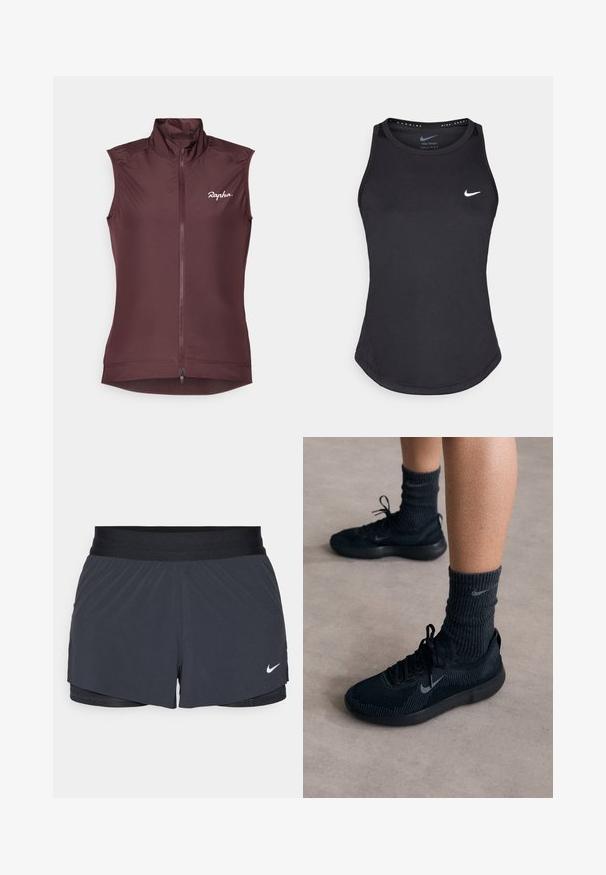 Ärmellose Radweste in tiefem Burgunderrot. Hergestellt aus leichtem Stoff mit hohem Kragen, durchgehendem Reißverschluss und dezentem Logo auf der Brust.; Schwarzes Sporttanktop aus feuchtigkeitsableitendem Material. Mit Rundhalsausschnitt, enger Passform und weißem Nike-Logo auf der Brust.; Schwarze Sportshorts mit elastischem Bund, ausgestattet mit einem geschichteten Design und einem kleinen weißen Nike-Logo unten links. Leichtes Material.; Schwarze Nike-Sneaker mit einem strukturierten Strickobermaterial, ausgestattet mit einem grauen Swoosh-Logo, kombiniert mit dunklen gerippten Socken. Flache Gummisohle.