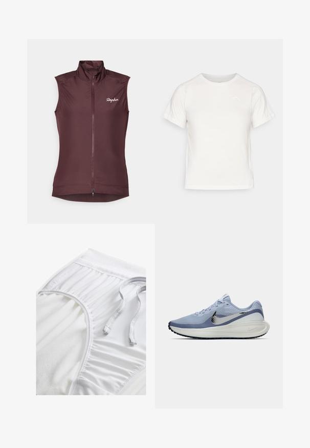 Bešvarkis dviračiams tamsiai raudonmedžio spalvos. Pagamintas iš lengvos medžiagos, su aukštu apykakle, pilnu užtrauktuku ir subtiliu logotipu ant krūtinės.; Lengvas baltas marškinėliai trumpomis rankovėmis, apvaliu kaklu ir maža logo viršutiniame kairiajame kampe. Lygus audinys su subtiliu blizgesiu.; Balti sportiniai šortai su tekstūruotu juosmeniu, raukšlėmis šoninėse detalėse ir plokščiu raišteliu. Minkšta medžiaga su lygia apdaila.; Šviesiai mėlyna ir balta Nike bėgimo batai su sidabriniu swoosh, kvėpuojantis tinklinis viršus, paminkštinta pado dalis ir juodas pado raštas.