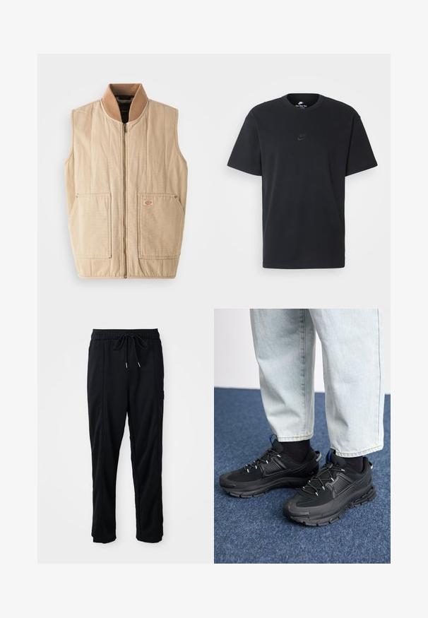 Beige väst med dragkedja fram, hög krage i brun fleece och två stora framfickor. Har kviltad textur och en liten logopatch.; Svart t-shirt i bomull från Nike med klassisk rund halsringning, korta ärmar och en diskret, präglad logotyp på bröstet. Slät textur.; Svarta byxor med dragsko i midjan, avslappnad stil, med sidfickor och rak benklippning på en plain bakgrund.; Svarta sportskor med texturerat tyg och gummisulor, med elastiska snörningar och en blå detalj på hälen. Bärs med ljusa jeans.