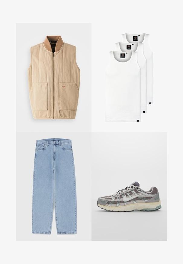 Colete bege com fecho frontal, gola alta em fleece castanho e dois grandes bolsos frontais. Apresenta textura acolchoada e um pequeno logo emblema.; Três tops em algodão de alças brancas com nervuras. Apresentam um decote redondo e pequenas etiquetas pretas perto da bainha. Disponíveis em vários tamanhos.; Jeans de denim azul claro com design de perna reta, apresentando uma cintura de altura média, cinco bolsos e um fecho de botão e zíper.; Sapatilha atlética cinza com parte superior em malha e camurça, detalhes brancos, sola acolchoada e um design distinto com elementos refletivos.