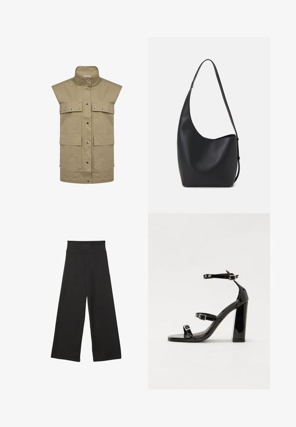 Kaki brezrokavnik iz trpežne tkanine, ki ima velike sprednje žepe, zapiranje na pritisni gumb in detajle iz kovinskih obročkov.; Črn brezrokavnik iz gladkega materiala, z okroglim izrezom in prilegajočim krojem, brez vidnih vzorcev ali okrasnih elementov.; Črne široke hlače z visokim elastičnim pasom, izdelane iz mehke tkanine in ohlapnega kroja, primerne za sproščeno nošenje ali casual priložnosti.; Črne lakirane sandale s peto, kvadratnim prstom, trakovi okrog gležnja in srebrnimi zaponkami. Opremljene so s stabilno Debelo peto.; Črna usnjena hobo torba z gladko teksturo, ukrivljeno obliko in eno nastavljivo naramnico; ima širok odprtina na vrhu.