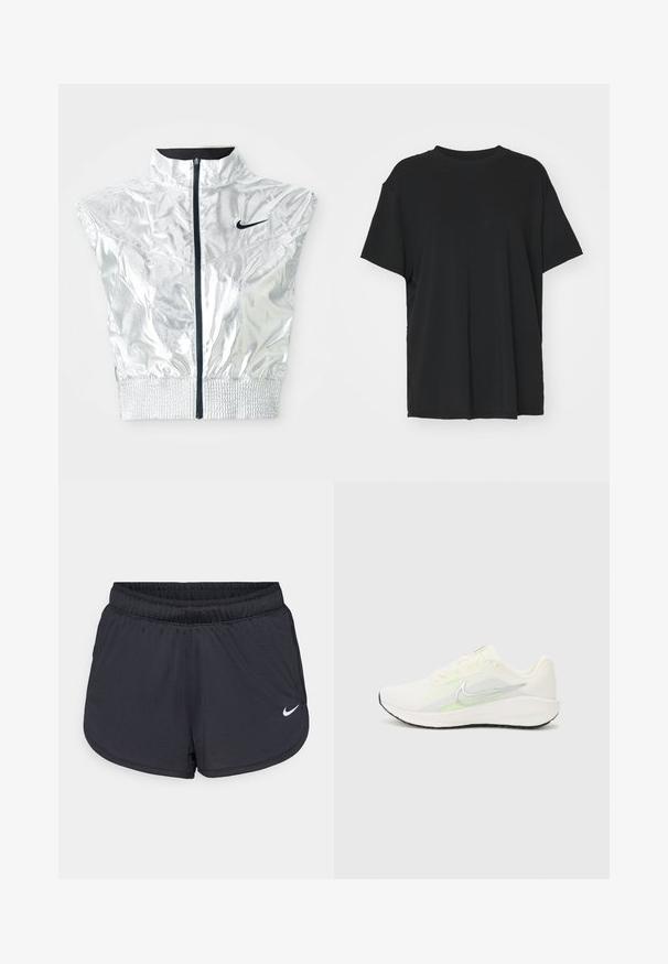 Silver cropped vest with high collar, zip front, elasticated hem, and black Nike logo on chest. Shiny, smooth texture with sleeveless design.; Black short-sleeve t-shirt made of smooth fabric, with a crew neck and loose fit. Features side slits for added comfort and breathability.; Black athletic shorts with an elastic waistband, featuring a sporty design and a white Nike logo on the lower front. Textured fabric.; Nike Performance DOWNSHIFTER 13 - Road running shoes - sail/silver-coloured photon dust/summit white/barely volt/black