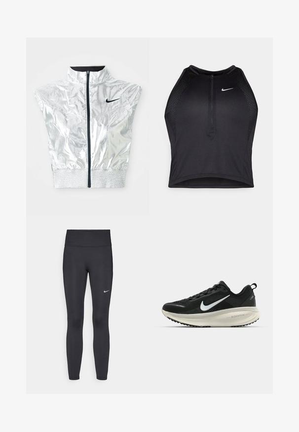 Srebrny krótki kamizelka z wysokim kołnierzem, zamkiem z przodu, elastycznym dołem i czarnym logo Nike na klatce piersiowej. Błyszcząca, gładka tekstura z bezrękawnikowym fasonem.; Czarny sportowy crop top z zamkiem z przodu, z siateczkowymi akcentami i dopasowanym krojem. Wykonany z elastycznego, oddychającego materiału. Logo Nike z przodu.; Czarne legginsy z elastycznego materiału, z wysokim pasem i białym logo Nike na lewym udzie. Gładka tekstura, dopasowany krój.; Czarna biegowa półbut z oddychającej siateczki, białym logo swoosh, teksturowanymi detalami oraz kremową podeszwą środkową ZoomX.