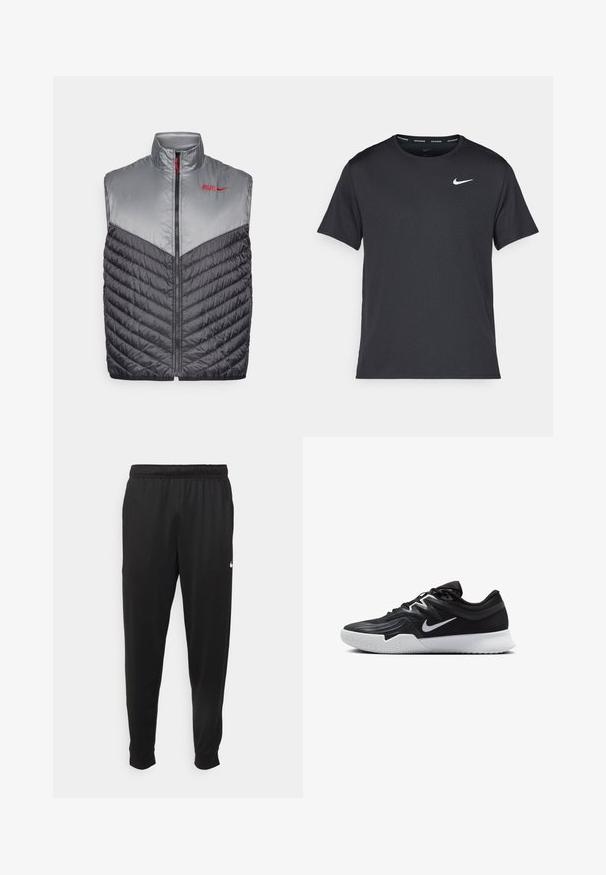 Bezrukávový zateplený vest s predným zipsom, svetlosivá horná časť, tmavosivá prešívaná spodná časť a červené logo "ATLETI" so swish značky Nike.; Čierne bežecké tričko Nike vyrobené z ľahkého a priedušného materiálu, s krátkymi rukávmi a malým bielym logom na hrudi.; Čierne športové nohavice z hladkej tkaniny, s elastickým pásom, zužujúcimi sa nohavicami a malým bielym logom na ľavej strane.; Čierna športová topánka s textúrovaným zvrškom, bielym logom Nike a bielou gumovou podrážkou. Má šnurovací dizajn a dynamický tvar.