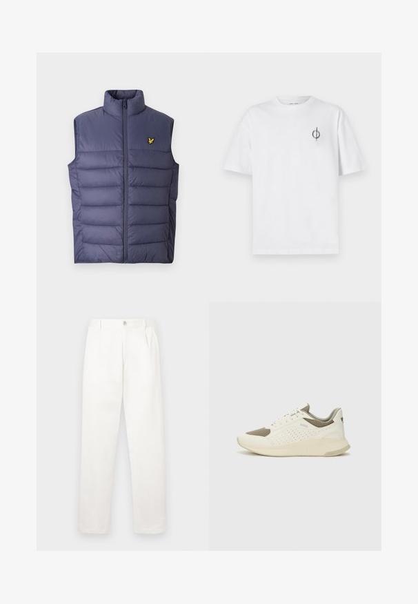 Marineblaue gesteppte Weste mit hohem Kragen und Frontreißverschluss. Verfügt über horizontale Steppnähte und ein kleines gelbes gesticktes Logo auf der Brust.; Weißes Baumwoll-T-Shirt mit lockerer Passform, das ein kleines schwarzes Grafiklogo auf der linken Brustseite aufweist. Kurze Ärmel, Rundhalsausschnitt.; Weiße Hose aus glattem Gewebe, mit geradem Bein, Vorderfalten und einem einzelnen Knopfverschluss an der Taille.; Weiße und hellbeige Sport Sneakers, ausgestattet mit einem Obermaterial aus Netzgewebe, perforierten Details und einer strukturierten Zwischensohle mit Branding an der Ferse.