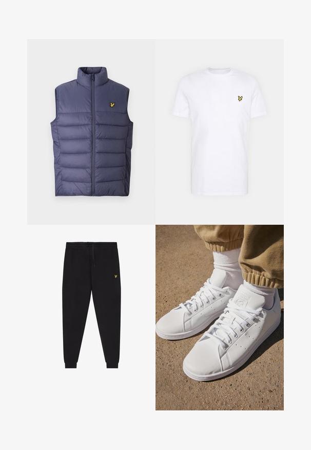 Tumši zils ielocīts vestes ar augstu apkakli un priekšējo rāvējslēdzēju. Ir horizontālas šuves un neliels izšūts dzeltens logotips uz krūtīm.; Baltas kokvilnas T-krekls ar mazu melnu un dzeltenu izšuvumu, kas atrodas kreisajā krūšu daļā. Īsas piedurknes un apaļa kakla izgriezums.; Melnas sporta bikses ar elastīgu jostasvietu un auklu, šaurām kājām ar elastīgām aprocēm un nelielu dzeltenu izšūtu logotipu labajā augšstilbā.; Baltas ādas sporta apavi ar gludu virsmu, ar klasisku šņorēšanas dizainu, ar perforējumiem gaisa caurlaidībai un teksturētu gumijas zoli.