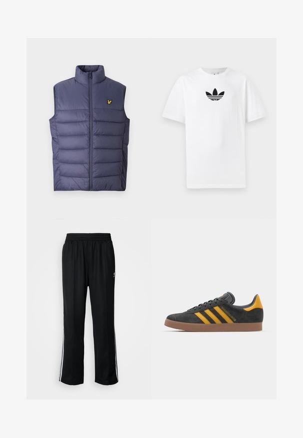 Granatowa pikowana kamizelka z wysokim kołnierzem i zamkiem z przodu. Posiada poziome przeszycia oraz małe żółte haftowane logo na piersi.; Biała bawełniana koszulka z krótkim rękawem, z czarnym logo Adidas na środku. Klasyczny fason z okrągłym dekoltem. Gładka tekstura.; Czarne sportowe spodnie z elastycznym paskiem w talii, z białymi paskami po bokach i małym logo. Materiał wydaje się miękki i lekki.; Czarne zamszowe sneakersy z żółtymi akcentami, z trzema paskami i brązową gumową podeszwą. Posiadają wyściełany język dla większego komfortu.