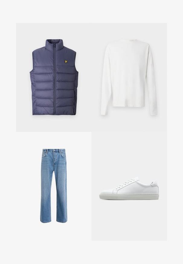 Navy padded vest with a high collar and front zipper. Features horizontal stitching and a small embroidered yellow logo on the chest.; Long-sleeved white cotton shirt with a round neckline, side slits at the bottom, and a smooth texture, displayed from the back.; Light blue denim jeans with a straight-leg design, five pockets, button closure, minimal fading, and contrasting stitching details.; White sneaker with a smooth leather upper and a low profile. Features a rounded toe, six eyelets, and a textured rubber sole.