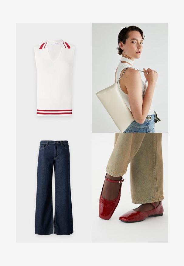 Top fără mâneci, alb, tricotat, cu decolteu în V, având un guler și ornamente la tiv în dungi roșii și albe. Textură ribbinată pe întreaga suprafață.; Cămașă albă cu nasturi, confecționată din bumbac neted, având un guler clasic, mâneci lungi și un tiv curbat. Nasturii sunt mici și albi.; Jeanși cu picioare largi din denim albastru închis. Prezintă cusături contrastante, cinci buzunare și o închidere cu nasture la talie. Textură netedă.; Pantofi din piele patent roșie cu vârf pătrat, toc mic și bretele la gleznă, asortați cu blugi largi de culoare verde deschis. Textură netedă, suprafață reflectorizantă.; Geantă de clutch rectangulară albă, realizată dintr-un material lucios, având o curea de lanț argintie. Modelul pozează, evidențiind geanta pe un fundal simplu.