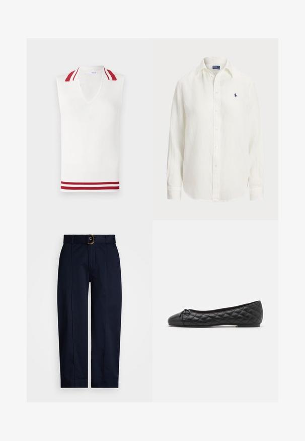 Sleeveless white knit top with a V-neck, featuring a red and white striped collar and hem accents. Ribbed texture throughout.; White linen shirt with long sleeves, button-down collar, and front buttons. Features a small blue embroidered logo on the chest.; Navy trousers with a woven waistband and a gold ring buckle, featuring a straight-leg cut and pressed creases along the front.; Black ballet flat in quilted leather. Features a round toe and a small bow accent near the front. Low-profile sole for easy wear.
