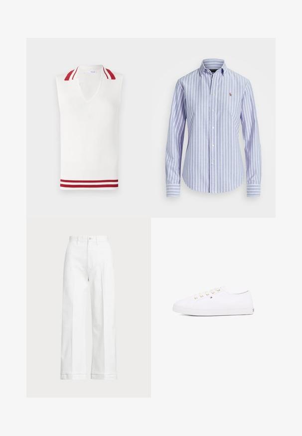 Sleeveless white knit top with a V-neck, featuring a red and white striped collar and hem accents. Ribbed texture throughout.; Blue and white striped button-up shirt with a collar, featuring a small embroidered logo on the chest and buttoned cuffs. Soft fabric texture.; White wide-leg trousers with a high waist, featuring a button closure and subtle stitching details. Made from cotton with a smooth texture.; White canvas sneaker with gold eyelets, flat laces, textured rubber sole, and minimal branding on the side. Low-profile design.