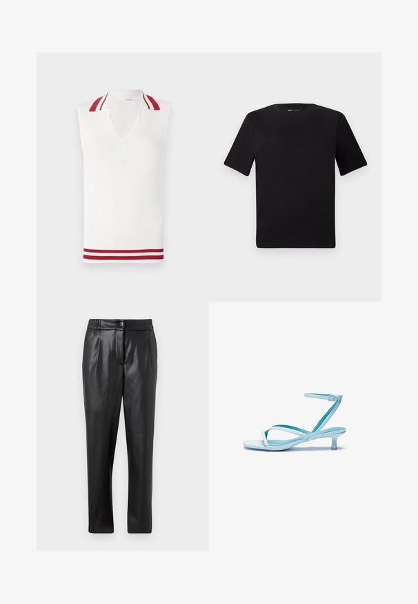 Top de malha branca sem mangas com decote em V, apresentando um colarinho e acabamentos na bainha em riscas vermelha e branca. Textura em côtelé por todo o lado.; T-shirt preta de mangas curtas com decote redondo, feita de tecido de algodão suave. Design simples, sem logótipos ou padrões visíveis.; Calças de couro pretas com uma textura suave, corte reto, cintura elástica e fecho com botão na frente; detalhe plissado e pernas afuniladas.; Sandal de tira azul claro com ponta quadrada, salto baixo, tira ajustável no tornozelo e acabamento liso e brilhante. Tiras cruzadas na palmilha.