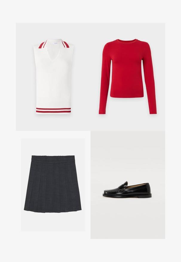 Balta megztinė be rankovių su V formos iškirpte, dekoruota raudonai-baltomis dryžuotomis apykakle ir apdaila. Su raukšlėta tekstūra per visą paviršių.; Raudonas ilgos rankovės marškinėlis, pagamintas iš tamprios medžiagos, su apvaliu kaklu ir prigludusia siluetu. Lygi tekstūra be matomų raštų.; Tamsiai pilka klostuota sijonas su elastinga juosta, pasižymintis tekstūruotu audiniu ir klasikinė A formos siluetu. Tinka kasdieniam dėvėjimui.; Juodi odiniai loaferiai su apvaliu pirštu, dekoratyviniu siuvinėjimu ir plokščiu padu. Glotnus paviršius ir minimalistinis dizainas.