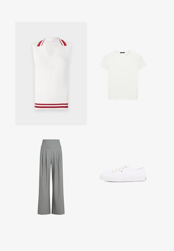 Ärmelloses weißes Stricktop mit V-Ausschnitt, das einen rot-weißen gestreiften Kragen und Saumakzente aufweist. Gesamtstruktur mit gerippter Textur.; Schlichtes weißes T-Shirt mit kurzen Ärmeln und Rundhalsausschnitt in schlanker Passform, flach vor einem weißen Hintergrund präsentiert.; Graue, plissierte weit geschnittene Hose mit hohem Bund, hergestellt aus einem strukturierten Stoff, der eine glatte Oberfläche und klare Linien aufweist.; Weißes Leinensneaker mit goldenen Ösen, flachen Schnürsenkeln, strukturiertem Gummisohle und minimalem Branding an der Seite. Niedriges Profil.