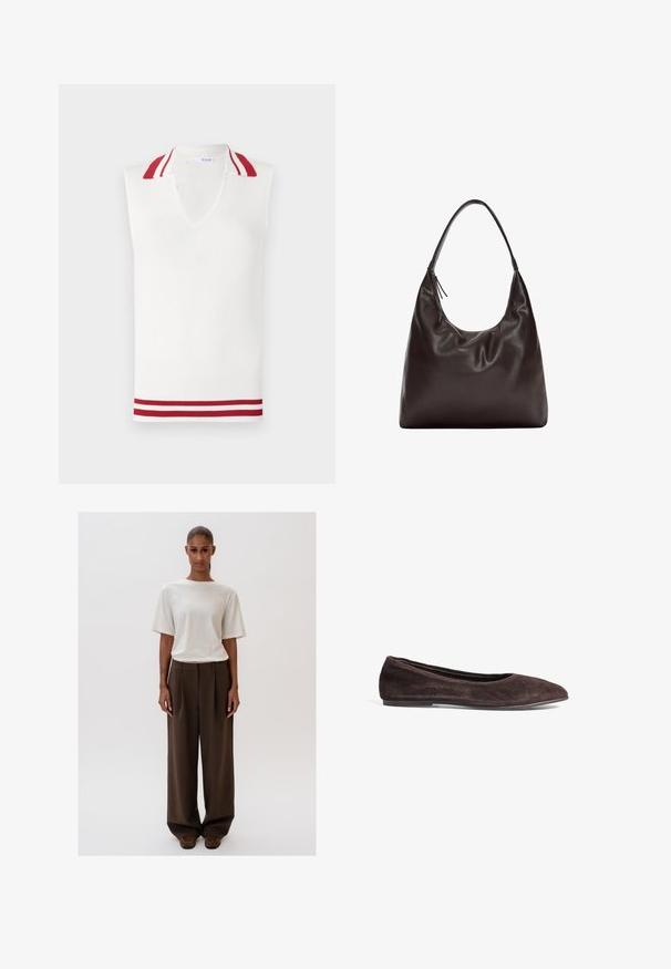 Bela pletena majica bez rukava z V-izrezom, ki ima rdeče in bele črtaste akcentne detajle na ovratniku in robu. Ima rebrasto teksturo po vsej površini.; Bela kratka majica s kratkimi rokavi iz bombaža. Ima okroglo izrezovanje in sproščen kroj. Gladka tekstura brez vidnih vzorcev ali poudarkov.; Kremasto bela majica s kratkimi rokavi, ohlapnega kroja, v kombinaciji z visokim pasom, širokimi rjavimi hlačami. Preprost dizajn, gladke teksture.; Rjavi zamšasti baletni čevlji s koničastim prstom in nizkim profilom. Imajo gladko teksturo in minimalističen dizajn. Brez vidnih kovinskih delov ali okraskov.; Rjav usnjen nahrbtnik z mehkobno, ohlapno zasnovo. Nahrbtnik ima širok trak in minimalistično obliko, ki jo dopolnjuje subtilna tekstura.
