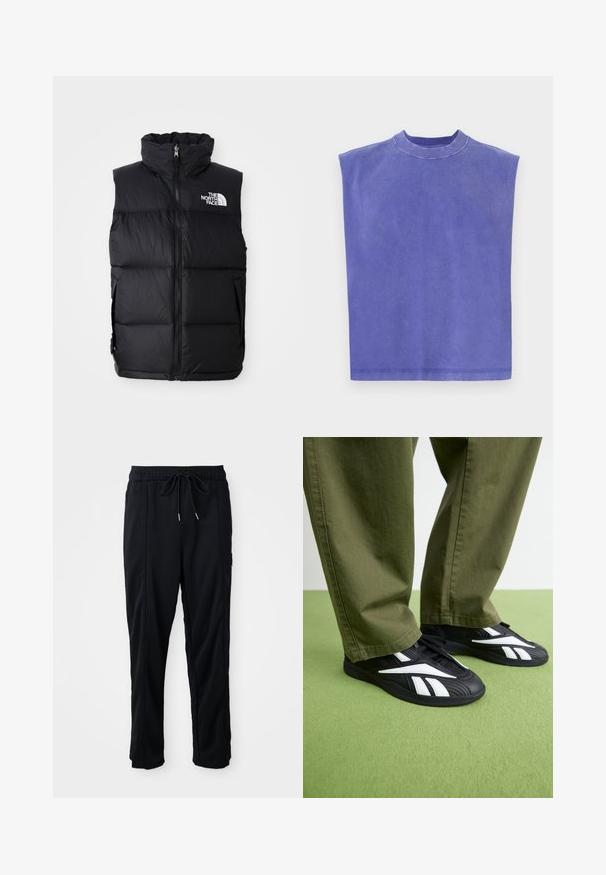 Colete puffer preto com gola alta, fecho frontal e o logotipo da The North Face. Apresenta uma textura acolchoada e bolsos laterais.; Top roxo sem mangas feito de algodão suave. Apresenta um decote redondo e um corte solto, com uma textura ligeiramente desbotada e uma bainha limpa.; Calças casuais pretas com cordão na cintura, com bolsos laterais e corte reto, sobre um fundo simples.; Sapatilhas desportivas pretas com detalhes em branco, apresentando um upper texturizado e bico arredondado, combinadas com calças verde-oliva.
