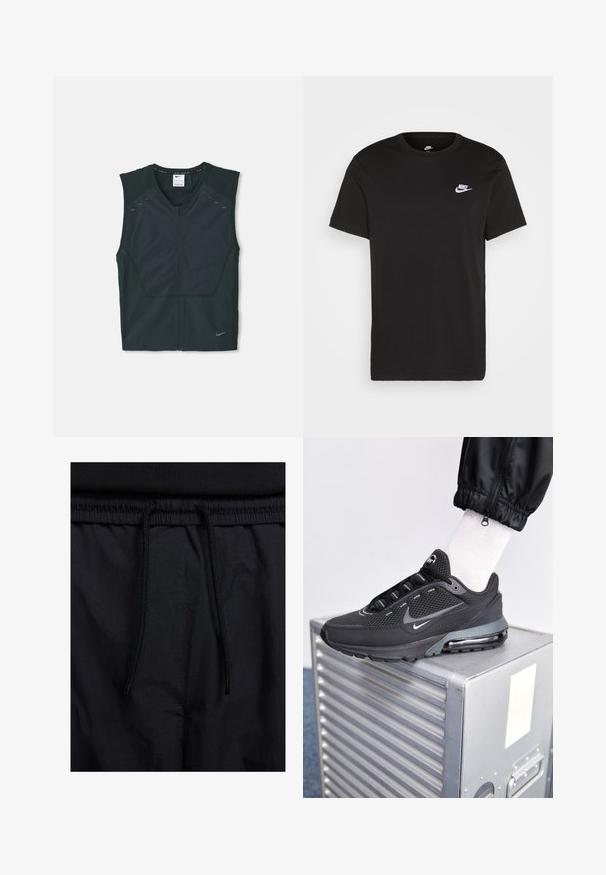 Černá sportovní bezrukávová vesta s předním zipem, texturovanými rameny a reflexními akcenty, vyrobená z lehké, prodyšné tkaniny.; Černé bavlněné tričko s krátkými rukávy, kulatým výstřihem a malým bílým logem Nike na levé horní části hrudi. Hladká textura. Klasický střih.; Černé šortky s páskem na šňůrku, lehký materiál s hladkou texturou a jednoduchý design bez viditelných log nebo vzorů.; Nike Sportswear PULSE - Tenisky - black/anthracite