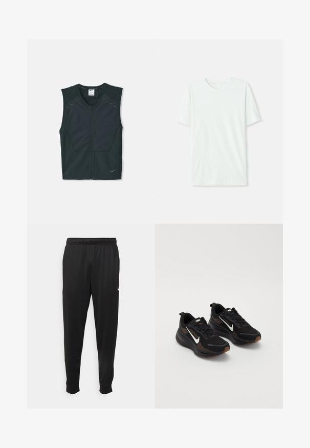 Črna brezrokavnik športna majica z zadrgo spredaj, teksturiranimi rameni in odsevnimi poudarki, izdelana iz lahkotnega, zračnega materiala.; Svetlo mint zelena majica s kratkimi rukavi, izdelana iz mehkega blaga. Ima okroglo ovratnico in preprost, ravno kroj brez okrasnih elementov.; Črne športne hlače iz gladkega materiala, z elastičnim pasom, zoženimi hlačnicami in majhnim belim logotipom na levi strani.; Črne športne čevlje z zračnim mrežastim zgornjim delom, belim Nike žigom, teksturirano podplatom in kontrastnimi rjavimi detajli. Vključujejo ojačan petni del.