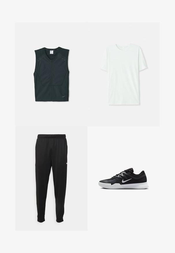 Fekete ujjatlan sportmellény elülső cipzárral, textúrált válltömésekkel és fényvisszaverő részletekkel, könnyű, lélegző anyagból készült.; Világos menta zöld, rövidujjú póló, puha anyagból készült. Kerek nyakkivágással és egyszerű, egyenes szabással rendelkezik, díszítések nélkül.; Fekete sportos nadrág sima anyagból, rugalmas derékkal, szűkülő lábakkal és egy kis fehér logóval a bal oldalon.; Fekete sportcipő texturált felsőrésszel, fehér Nike logóval és fehér gumitalppal. Fűzős kialakítással és dinamikus formával rendelkezik.