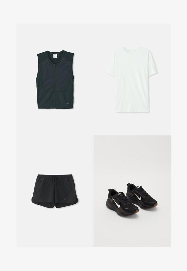 Schwarzes ärmelloses Sportoberteil mit einem Frontreißverschluss, strukturierten Schultern und reflektierenden Akzenten, hergestellt aus leichtem, atmungsaktivem Material.; Helles mintgrünes T-Shirt mit kurzen Ärmeln aus weichem Stoff. Es hat einen Rundhalsausschnitt und einen schlichten, geraden Schnitt ohne Verzierungen.; Schwarze Sportshorts mit elastischem Bund und Kordelzug. Verfügt über zwei Seitentaschen und ein Nike-Logo auf der linken Vorderseite.; Schwarze Sportschuhe mit einem atmungsaktiven Mesh-Obermaterial, weißem Nike-Swoosh, strukturiertem Sohlenprofil und kontrastierenden braunen Akzenten. Mit verstärktem Fersenbereich.