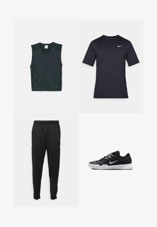 Schwarzes ärmelloses Sportoberteil mit einem Frontreißverschluss, strukturierten Schultern und reflektierenden Akzenten, hergestellt aus leichtem, atmungsaktivem Material.; Schwarzes, kurzärmliges Nike-T-Shirt aus glattem Material, mit einem weißen Swoosh-Logo auf der oberen linken Seite und Rundhalsausschnitt.; Schwarze Sporthosen aus glattem Stoff, mit einem elastischen Bund, schmal zulaufenden Beinen und einem kleinen weißen Logo auf der linken Seite.; Schwarzer Sportschuh mit strukturiertem Obermaterial, weißem Nike-Warenzeichen und einer weißen Gummisohle. Verfügt über ein Schnürdesign und eine dynamische Form.