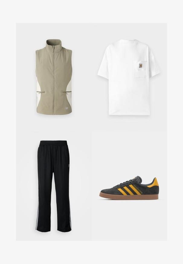 Könnyű, ujjatlan mellény khaki színben, magas gallérral, elöl cipzárral és fehér oldalsó panelek kíséretében. Két cipzáras zsebet is tartalmaz.; Fehér pamut póló kerek nyakkal, rövid ujjakkal és egy mellzsebbel, amelyen logó felvarrás található. Minimál stílusú dizájn és sima textúra.; Fekete sportnadrág rugalmas derékrésszel, fehér oldalsávokkal és egy kis logóval. Az anyaga lágy és könnyűnek tűnik.; Fekete velúrbőr sportcipő sárga díszítéssel, három csíkkal és barna gumitalppal. Párnázott nyelvével a kényelem érdekében.