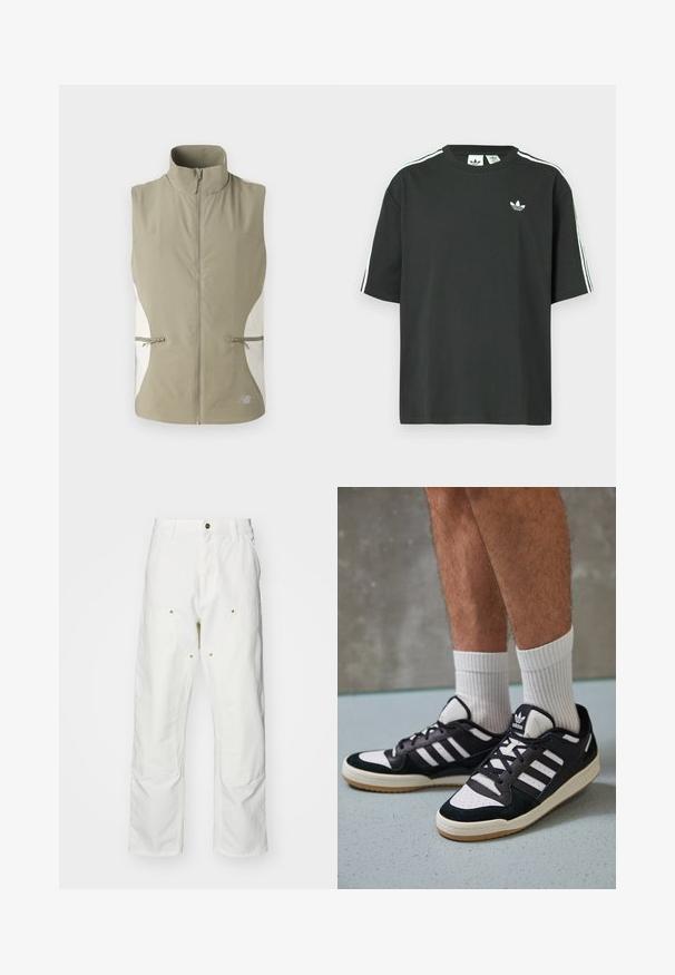 Könnyű, ujjatlan mellény khaki színben, magas gallérral, elöl cipzárral és fehér oldalsó panelek kíséretében. Két cipzáras zsebet is tartalmaz.; Fekete pamutpóló rövid ujjakkal, kerek nyakkivágással és fehér háromcsíkos mintázattal a vállakon. A mellrészen kis fehér logó található.; Fehér pamut cargo nadrág, laza szabású. Jellemzői közé tartozik az elülső zsebek, az arany színű fémalkatrészek és a megerősített térd részek.; Fekete-fehér tornacipők velúr és bőr felsőrésszel, három fehér csíkkal, perforált orral és gumi talppal.
