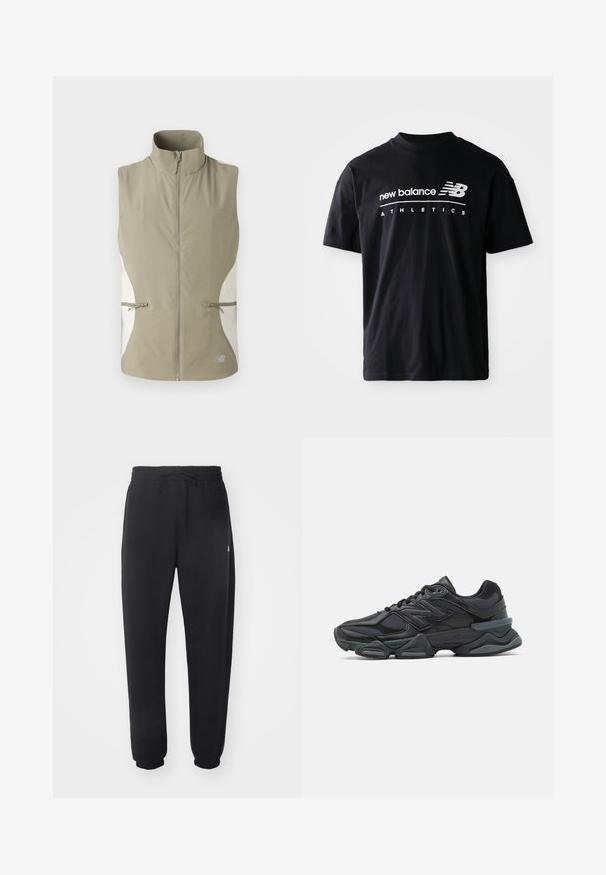 Colete leve, sem mangas, na cor caqui, com gola alta, fecho frontal em zíper e painéis laterais brancos. Inclui dois bolsos com zíper.; T-shirt de algodão preto com gola redonda, mangas curtas e gráficos de texto em branco com "new balance" e "ATHLETICS" na frente.; Calças de treino pretas feitas de material suave, com cintura elástica, cordão e punhos ajustados, apresentando um logótipo discreto na lateral.; Sapato de corrida preto com uma combinação de malha e materiais sintéticos, sola robusta, design curvado e uma marca de destaque na lateral.