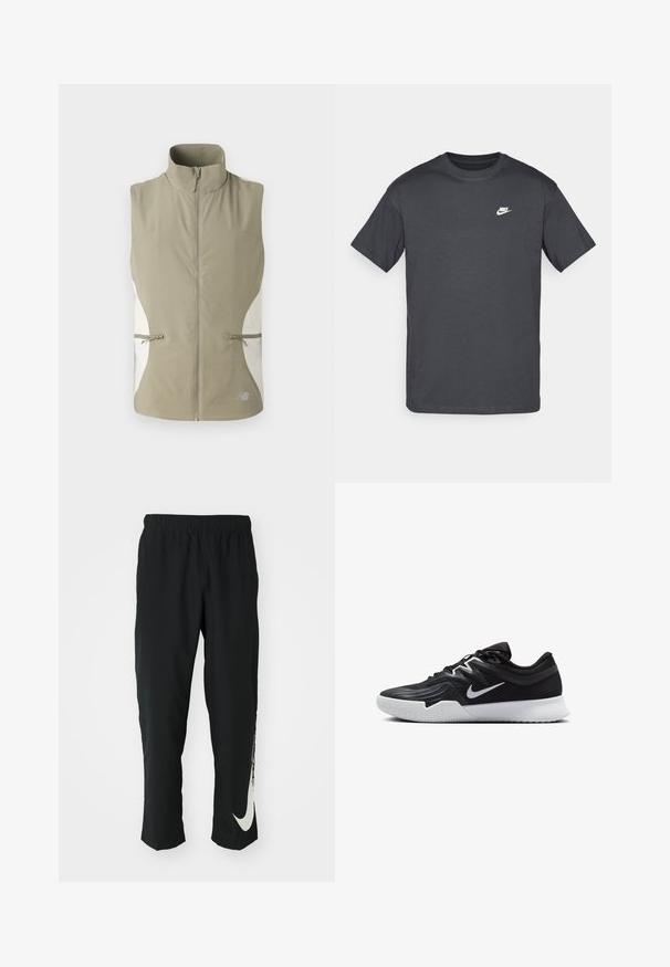 Leichte, ärmellose Weste in Khaki mit hohem Kragen, Frontreißverschluss und weißen Seitenpaneelen. Enthält zwei Reißverschlusstaschen.; Dunkelgraues Baumwoll-T-Shirt mit kurzen Ärmeln, Rundhalsausschnitt und einem weißen Nike-Logo auf der linken Brust. Einfaches Design, glatte Textur.; Schwarze Sporthose mit elastischem Bund und taillierter Passform, auf der linken Beinschulter befindet sich ein großes weißes Nike-Logo. Weicher, leichter Stoff.; Schwarzer Sportschuh mit strukturiertem Obermaterial, weißem Nike-Warenzeichen und einer weißen Gummisohle. Verfügt über ein Schnürdesign und eine dynamische Form.