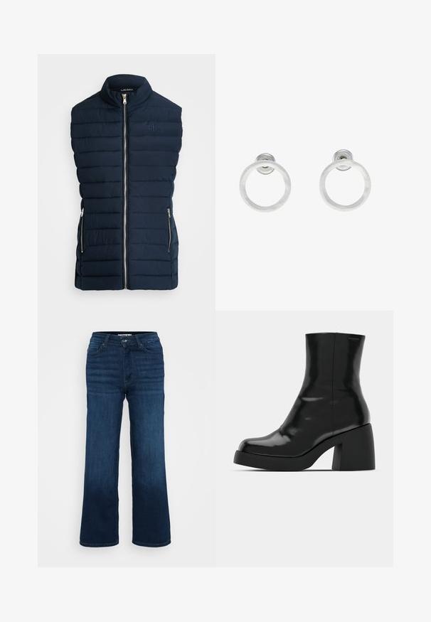 Lauren Ralph Lauren Petite QUILTED MOCKNECK VEST - Brezrokavnik - dark navy; Trii dolgi rokavi kroji vrhovi zloženi, barve bela, bež in umirjena teal, z okroglimi izrezi na svetlo sivi podlagi.; ONLY Petite ONLMADISON BLUSH WIDE - Široke hlačnice - dark blue denim; Črne gležnjarje z sijajno površino, kvadratnim nosom in debelim blokskim peto. Oblikovanje izstopa s brezšivno silhueto in minimalnim logotipiranjem.; Srebrni kovinski obročasti uhani z brušenjem, s krožno obliko in prozornim zatičem za varno nošenje.