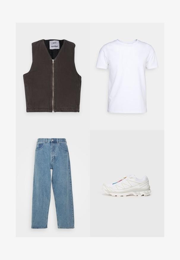 Won Hundred KOLTON OVERDYE - Vestă - black olive; Tricou alb cu mânecă scurtă din material de bumbac, cu guler rotund. Design simplu, fără tipare sau accente. Textură netedă.; Jeans din denim de un albastru deschis, cu talie înaltă și o croială relaxată, având două buzunare frontale, un buzunar pe spate și închidere cu nasture.; Pantofiori atletici albi cu superior din plasă texturată, accente reflective și talpă amortizată. Logo-ul notabil al brandului pe lateral.