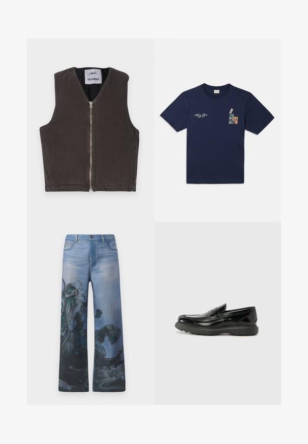 Won Hundred KOLTON OVERDYE - Väst - black olive; Navyblå bomull t-shirt med kort ärm, med en grafik av staplade kassettband och texten "Killing Bees" på bröstet.; Breda jeans i blekt blå denim med intrikat grafiskt mönster som har en detaljerad design i svart och teal nyanser på ett ben.; Svart läderloaferskor med en glänsande yta, rund tå, diskreta söm detaljer och en tjock gummisula för hållbarhet.