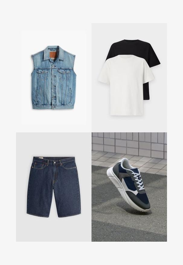 Denim prsluk svijetloplave boje, s ovratnikom, bez rukava, zatvaranjem na gumbe i dva prednja džepa s preklopima i gumbima.; Set pamučnih majica koji uključuje crnu i bijelu majicu, obje s kratkim rukavima, okruglim izrezom i klasičnim krojem. Tekstura tkanine.; Traperice kratke hlače u tamnoplavoj boji, s klasičnim dizajnom koji uključuje pet džepova, šivane šavove, kopčanje na dugme i zakrivljene stražnje džepove.; Tenisice s gornjim dijelom od mrežastog materijala tamnoplave boje, siva antilopova naglašavanja, bijela gumena potplat i ravne bijele vezice, dizajnirane za udobnost i prozračnost.