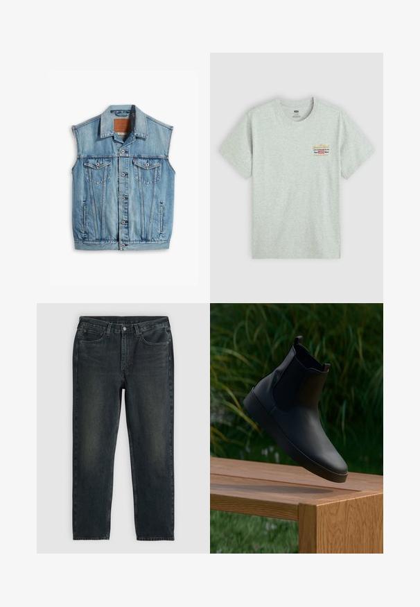 Denim jakna v svetlo modri barvi, z ovratnikom, brez rokavov, z gumbom za zapiranje in dvema sprednjima žepoma z oblazinjeno preklopno zaporo in gumbi.; Siva bombažna majica s kratkimi rokavi in okroglo ovratnikom, ki na zgornji levi strani prikazuje barvit tisk z logotipom blagovne znamke. Gladka tekstura.; Črne kavbojke iz denima z ravnim krojem nogavic, zasnovo s petimi žepi in subtilnimi podrobnostmi bledenja. Imajo gumb in zadrgo za zapiranje.; Črne usnjene gležnjarje z elastičnimi stranskimi paneli, gladke teksture, okrogle nosne prednice in ravnim podplatom, postavljene nad leseno mizo v ozadju z zelenjem.