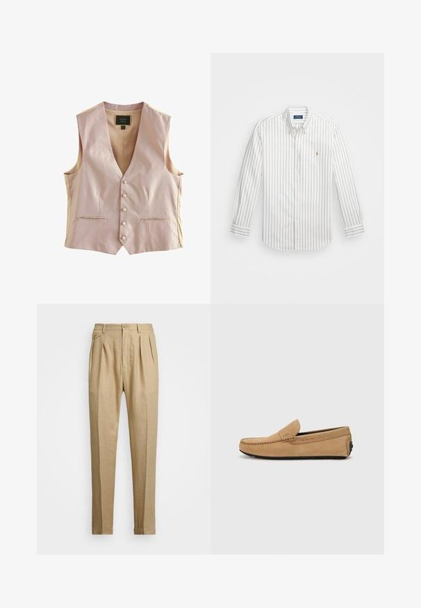 Világos rózsaszín mellény texturált mintával, V-nyakkivágással, öt gombbal és két elülső zsebből áll. Simább anyag, amely az illeszkedését testesíti meg.; Fehér gombos ing világoskék függőleges csíkokkal, hosszú ujjak, gombos gallér, és egy kis hímzett logó a bal mellrészen.; Beige vászon nadrág egyenes szabással, két első redővel, gombos záródással és oldalzsebekkel. Tömör textúrájú anyag sima felülettel.; Beige színű nubuk mokaszin cipő, varrott orral, slip-on kialakítással és fekete gumitalppal. Diszkrét logó található az oldalon.