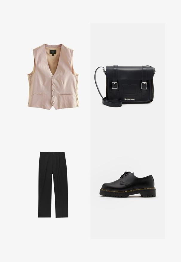 Gilet rosa chiaro con un motivo texturizzato, scollatura a V, cinque bottoni e due tasche frontali. Tessuto liscio con vestibilità elegante.; Confezione di cinque t-shirts nere a girocollo. Maniche corte, materiale in cotone, vestibilità standard. Texture liscia senza motivi o abbellimenti visibili.; Pantaloni neri con un design a gamba dritta, realizzati in un tessuto liscio. Presentano pieghe frontali e una chiusura a un bottone in vita.; Scarpa nera in pelle con lacci, punta arrotondata, suola in gomma texturizzata e cuciture gialle attorno alla base. Design piatto e finitura liscia.; Borsa a tracolla nera in pelle con fibbie argento, cuciture gialle, tracolla regolabile e tasca frontale. Logo del marchio visibile sulla parte anteriore.