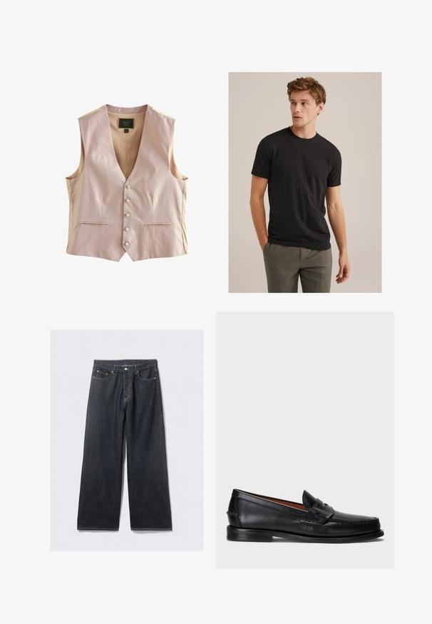 Hellrosa Weste mit strukturiertem Muster, V-Ausschnitt, fünf Knöpfen und zwei Fronttaschen. Glatter Stoff mit taillierter Passform.; Junger Mann mit lockigem, hellbraunem Haar, der ein schwarzes T-Shirt mit kurzen Ärmeln und graue Hosen trägt. Er schaut nach links und hat die Hände in den Taschen.; Dunkelblaue, weite Jeans mit hoher Taille, ausgestattet mit Kupfernieten und Kontrastnähten, glatter Textur und ohne sichtbare Muster.; Schwarze Lederloafer mit abgerundetem Zeh, gesteppten Details und einem dekorativen Riemen an der Vorderseite. Flache Sohle mit minimalem Profil.
