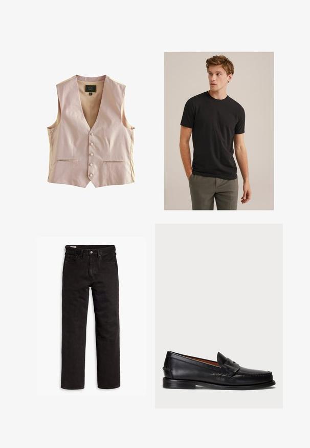 Ljusrosa väst med ett strukturerat mönster, v-ringning, fem knappar och två framfickor. Slät tyg med en skräddarsydd passform.; Ung man med lockigt ljusbrunt hår iklädd svart t-shirt med korta ärmar och grå byxor, som tittar åt vänster med händerna i fickorna.; Svarta raka denimjeans med fem fickor, knappstängning och bälteshällor, liggande plant på en vit bakgrund.; Svart läderloafer med rundad tå, stickade detaljer och ett dekorativt band över framsidan. Platt sula med minimal profil.
