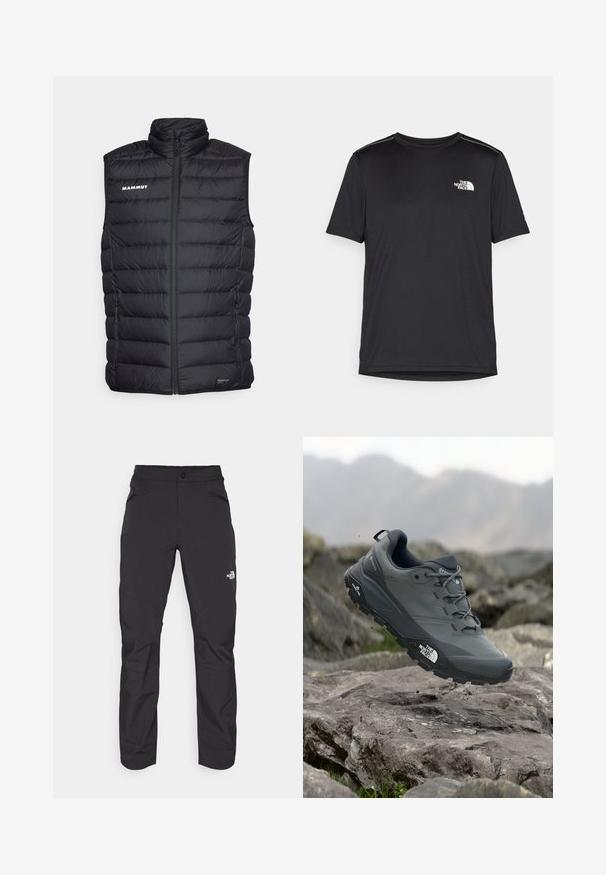 Schwarze isolierte Weste mit hohem Kragen, gestepptem Design, Frontreißverschluss und Seitentaschen. Mit "Mammut"-Logo in Weiß.; Schwarzes T-Shirt mit kurzen Ärmeln aus leichtem Stoff. Mit einem kleinen weißen Logo auf der linken Brust und dezenten Akzenten an den Schultern.; Schwarze Outdoor-Hosen mit einer Reißverschlusstasche vorne, aus synthetischem Material, mit schmal zulaufenden Beinen und verstärkten Kniefeldern. Verfügt über einen Knopfverschluss.; Grau Trailrunning-Schuh mit einer strukturierten Oberseite, haltbarer Gummisohle und verstärkter Zehenkappe. Verfügt über Schnürsenkel und ein Markenlogo an der Seite.