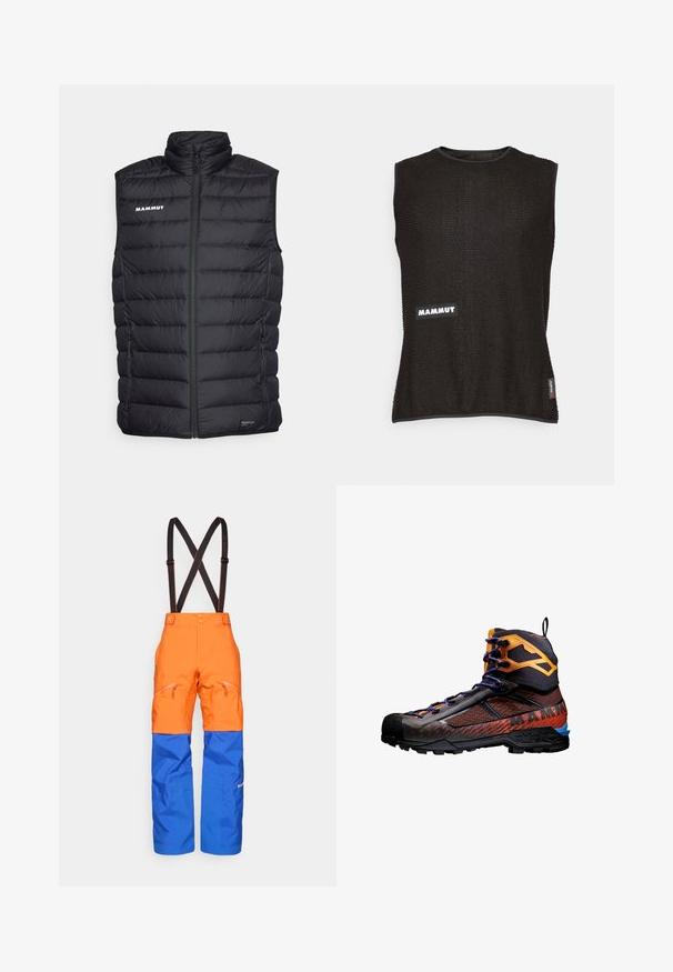Gilet isolato nero con colletto alto, design trapuntato, chiusura con zip frontale e tasche laterali. Presenta il logo "Mammut" in bianco.; Top senza maniche di colore nero realizzato in materiale texturizzato, con un logo "Mammut" bianco e una piccola etichetta rossa sul lato, scollatura rotonda.; Pantaloni impermeabili arancioni e blu con bretelle regolabili nere, tasche anteriori con zip e pannelli rinforzati sulle ginocchia per attività all'aperto.; Scarponcino da trekking nero e arancione con materiali in rete e gomma. Presenta accenti blu, motivi testurizzati e un design alto alla caviglia per supporto.